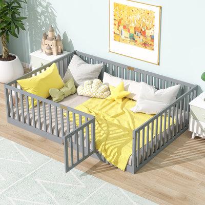 Full Size Floor Bed with High Fence Railings, with Door,6 Slats Included, Rubber Wood Floor Bed with Safety Guardrails,Grey