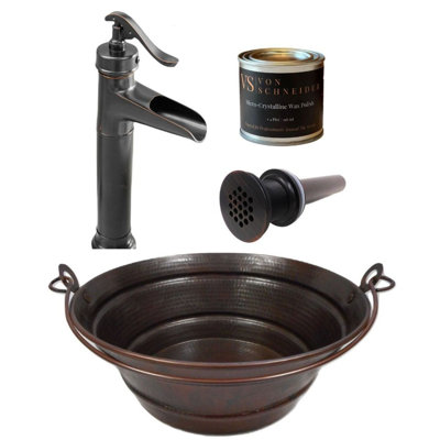 Lavabo vasque de salle de bain rond en cuivre 15 po, ensemble de robinet et cire inclus