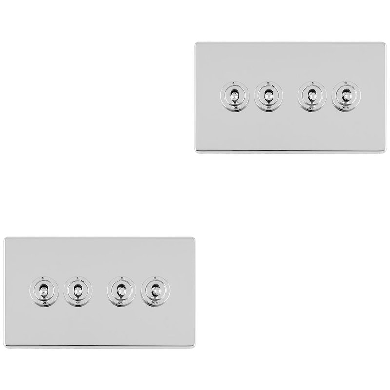 2 PACK 4 Gang Quad Retro Toggle Light Switch SCREWLESS POLISHED CHROME 10A 2 Way, Silver, Polished Chrome
