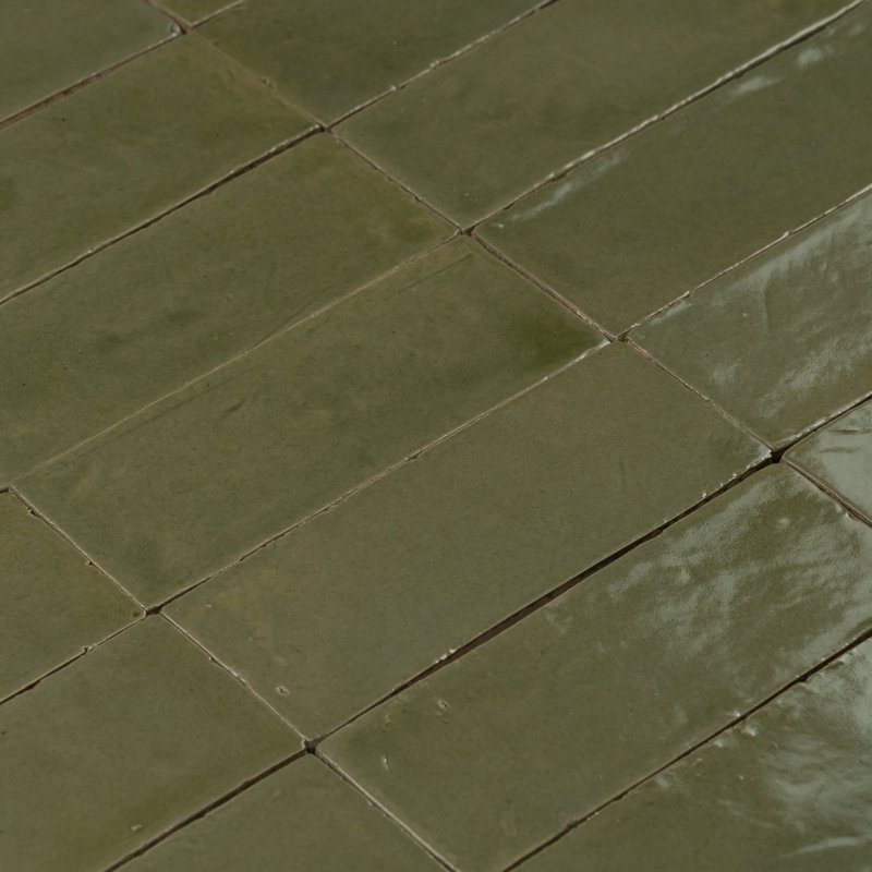 Morokko 2" x 6" Handmade Zellige Glossy Wall Tile, Bejmat Olive Light Green