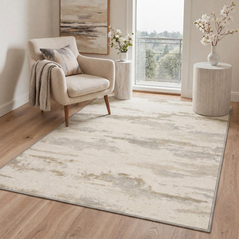 Tapis abstrait beige / taupe lavable à la machine Atkins avec envers antidérapant, Rectangulaire 8 pi x 10 pi