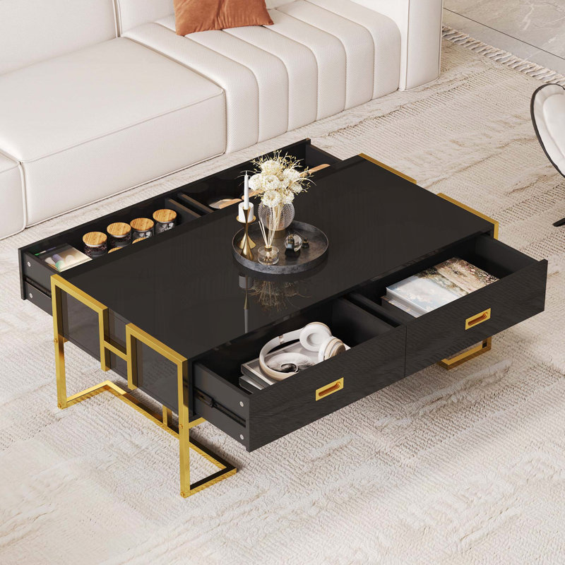 Table basse rectangulaire avec 4 tiroirs et base dorée - noir, 47,3 po