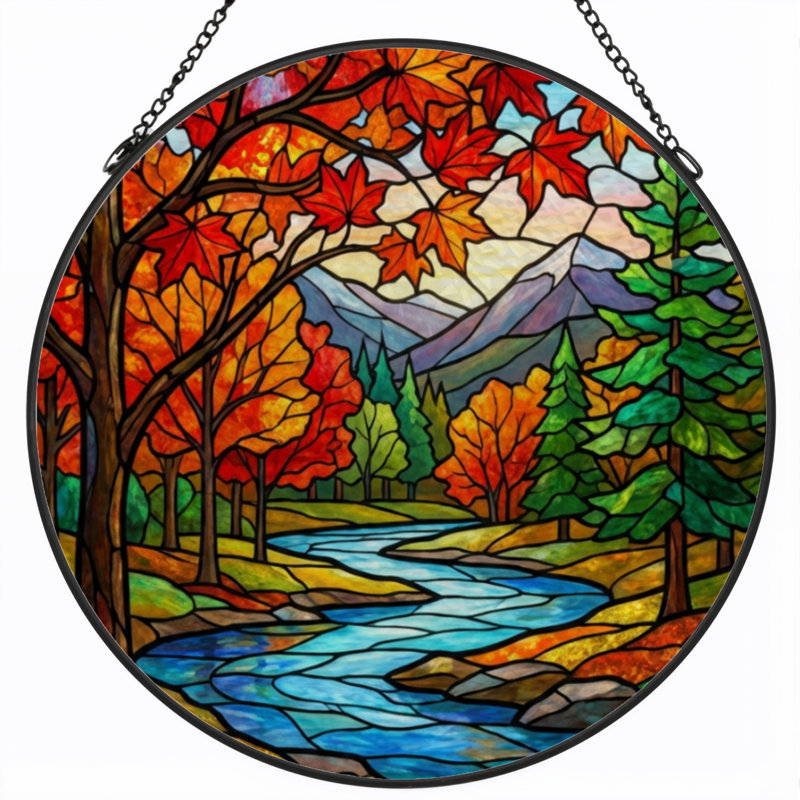 7.8"H Autumn Landscape Stained Glass Window Panel, 7.8" H x 7.8" W