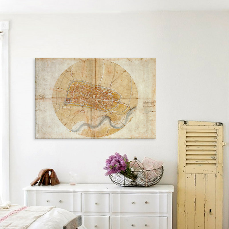 « map of imola, 1502 » par leonardo da vinci-impression d’art graphique sur toile tendue, H 18 po x l 26 po x P 0,75 po