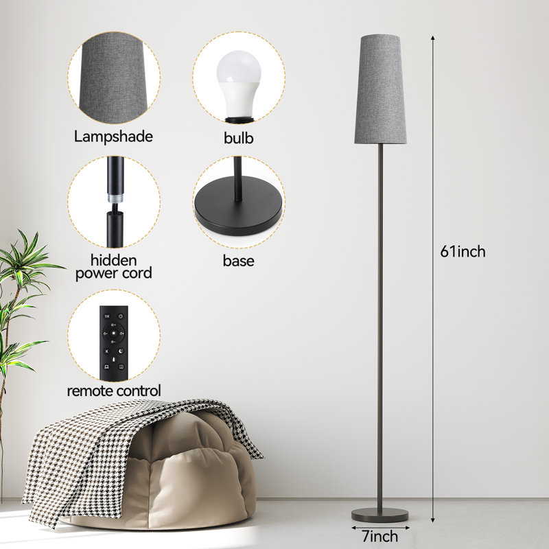 61" Dimmable Traditional Floor Lamp With Remote Control And 12w Bulb Included, Gray
