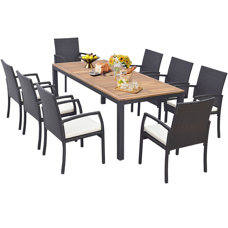  9 PCS Outdoor Dining Table & Rattan Chairs w/ Acacia Wood Table 1.9'' Umbrella Hole