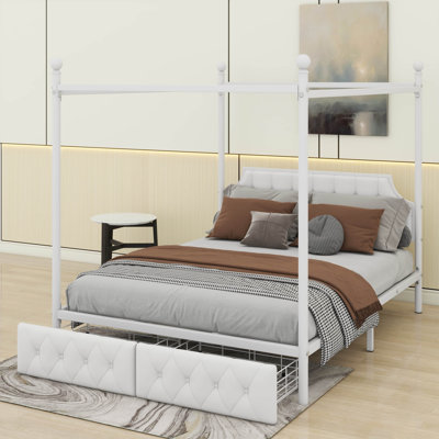 Grand lit plateforme tapissier avec tête de lit et 2 tiroirs de rangement, blanc, conception peu encombrante