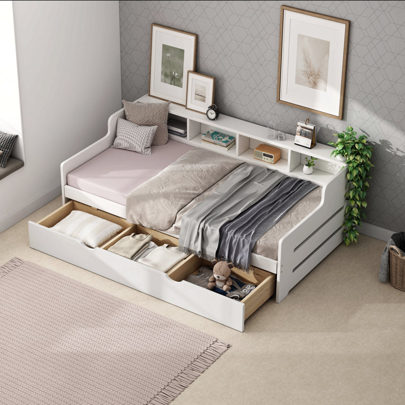 Lit de jour simple en bois avec 3 plateaux pour chambre d'amis, petite chambre, salle d'étude, blanc