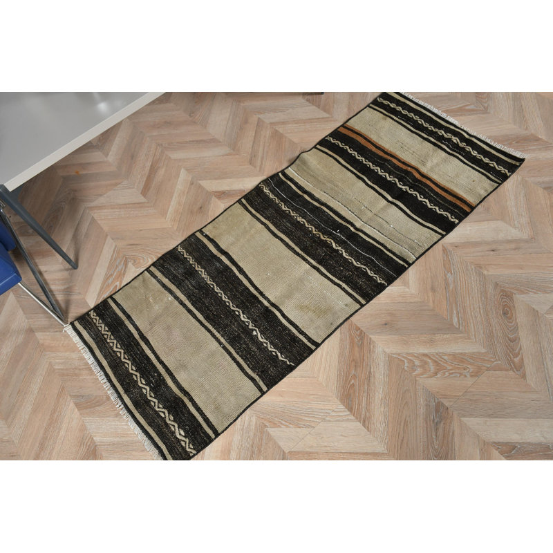 Kilim turc authentique authentique avec rayures, idéal pour le vestibule de petite taille dans des tons bruns