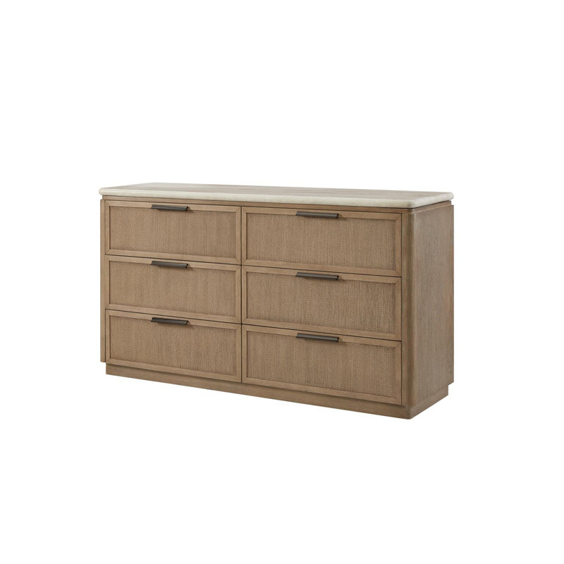 Commode élégante en placage de chêne avec finition caramel, tiroirs spacieux pour des solutions de rangement organisées et élégantes.