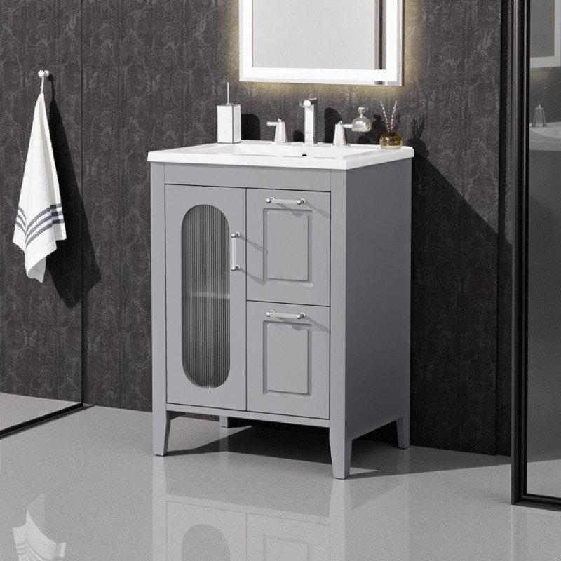 Meuble-lavabo moderne 24 po avec lavabo en céramique, armoire en bois massif et panneau de fibres à densité moyenne, deux tiroirs, tablette réglable et porte en verre Moru