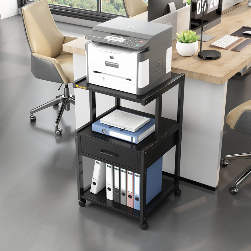 3 Tier Printer Stand with Storage Drawer Rolling Printer Table with Wheels Home Office,Retro, Black