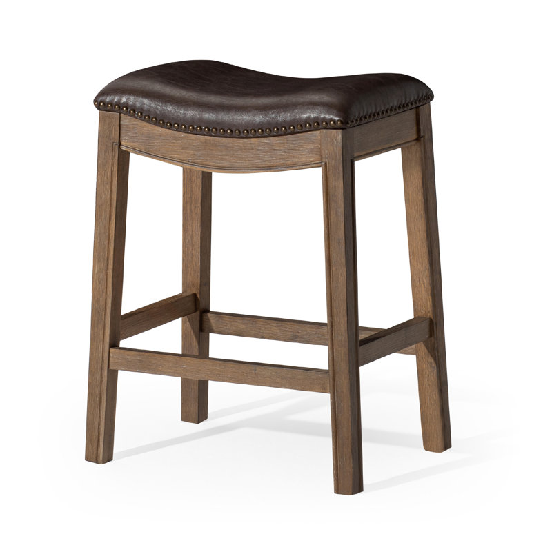 Maven Lane Adrien Backless Saddle Stool with Faux Leather Upholstery, Counter Stool (26" Seat Height), Marksman Saddle/Walnut