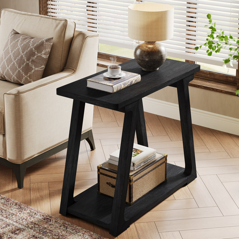 Farmhouse Narrow Side Table, Solid Wood End Table With 2-tier Storage, 1, Black