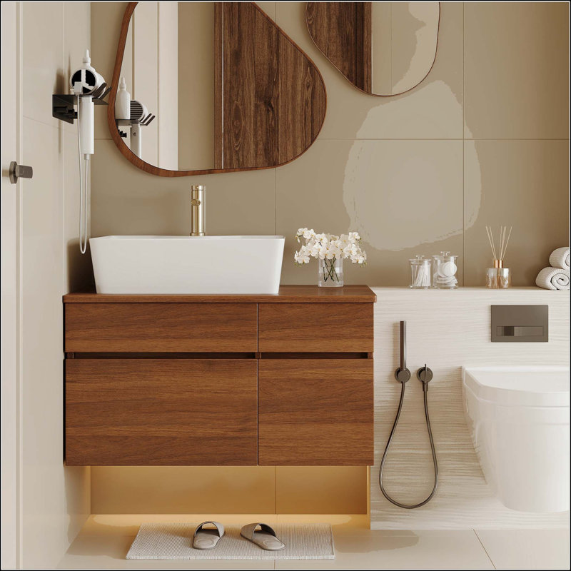 Petit meuble-lavabo mural 31,5 "avec lavabo vasque, Walnut