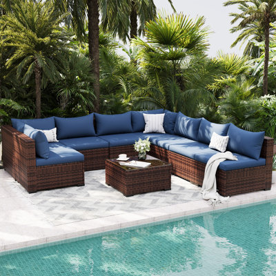9 Piece Modular Brown PE Rattan Outdoor Conversation Sets, Large Patio Furniture Set with Anti-Rust Steel Frame, Sectional Outdoor Patio Sofa with Coffee Table for Backyard Deck Garden