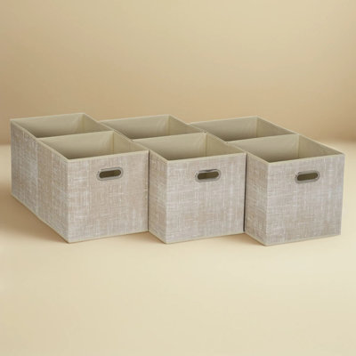 Set of 6 Fabric Storage Bins with Handles, 11-Inch Cubes for Shelves and Cubbies, Collapsible and Fold Flat, Tan Mix