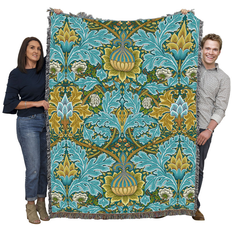 Couverture Pure Country Weavers William Morris St James Teal - Arts & Crafts - Jeté en tapisserie tissée en coton - Fabriqué aux États-Unis (72x54)