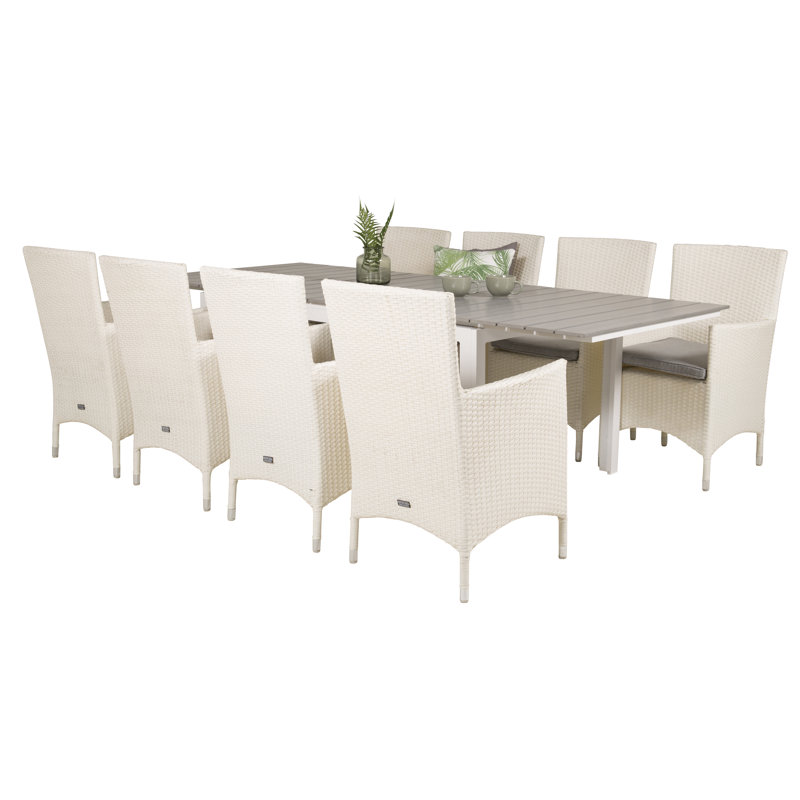 Faiyaz 8 - Person Patio Dining Set with Extendable Rectangular Table , Cushions Included, White