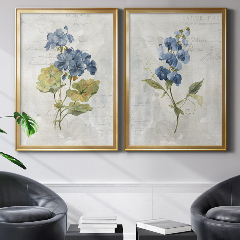 Lin bleu géranium - ensemble de 2 reproductions d'art, H 18,5 po x l 49 po x P 1,5 po, Toile encadrée d'or, Pas de tapis