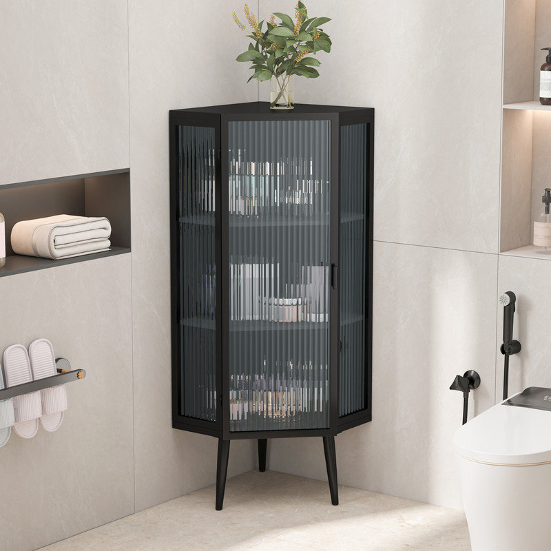 Armoire de rangement d'angle avec portes et tablettes en verre trempé
