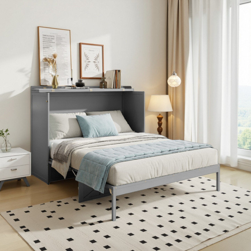 Grand lit escamotable avec tiroirs de rangement et ports USB, gris