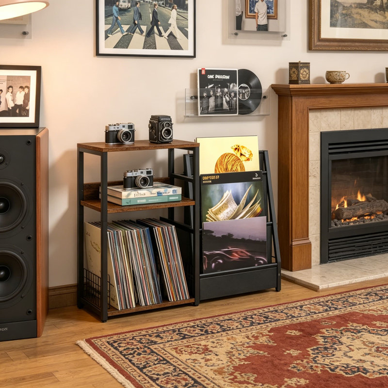 Support pour tourne-disque avec rangement en vinyle, support pour table tournante à 3 niveaux avec tablette pouvant accueillir jusqu'à 150 albums, table de bout pour le salon, style industriel Mid-Century, brun