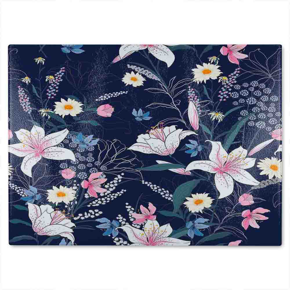 Tropical White Flowers Glass Chopping Board