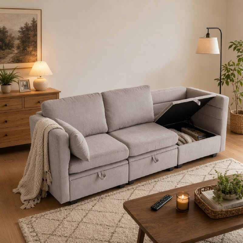 Canapé modulaire avec rangement sous le siège, accoudoirs et dossier réglables (canapé 3 pièces), Gris clair