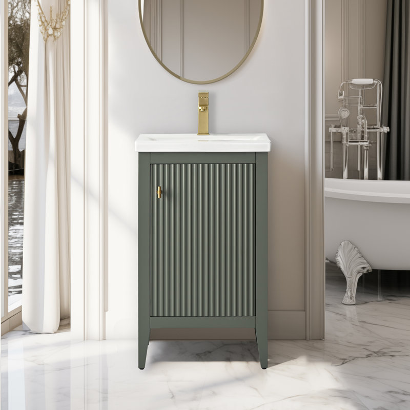 Meuble-lavabo simple pour la salle de bain avec plateau en céramique, Linéaire vert rétro, Doré brossé, 20"