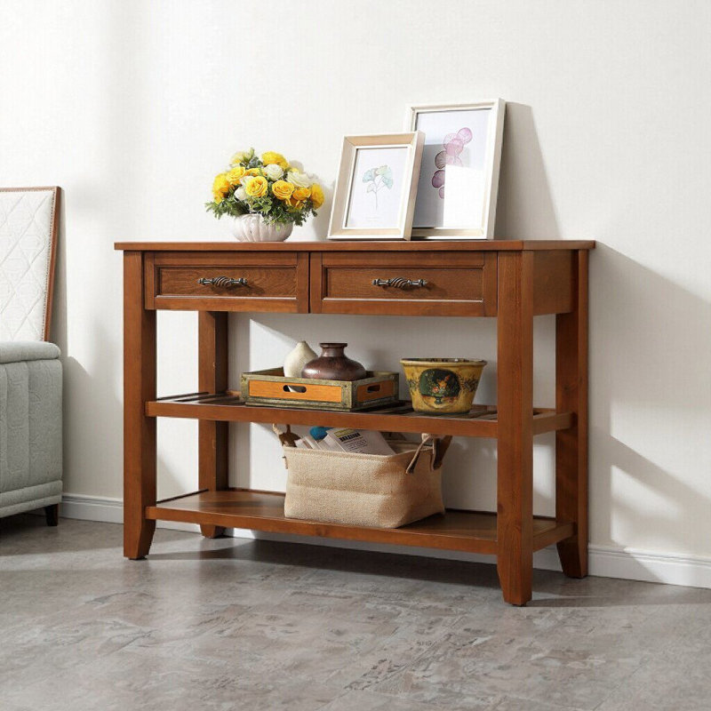 Console Mid-Century avec 2 tiroirs et 2 tablettes à 2 niveaux, buffet rustique en bois massif pour le salon, l'entrée et plus - brun