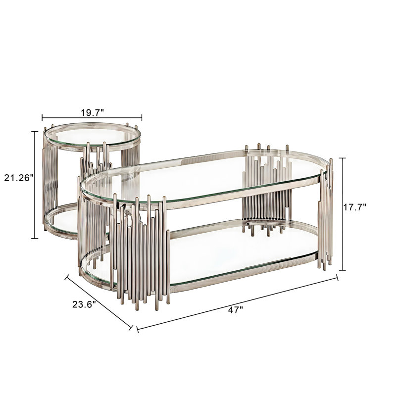 Ensemble de 2 tables basses et tables d'appoint, Transparent / argent