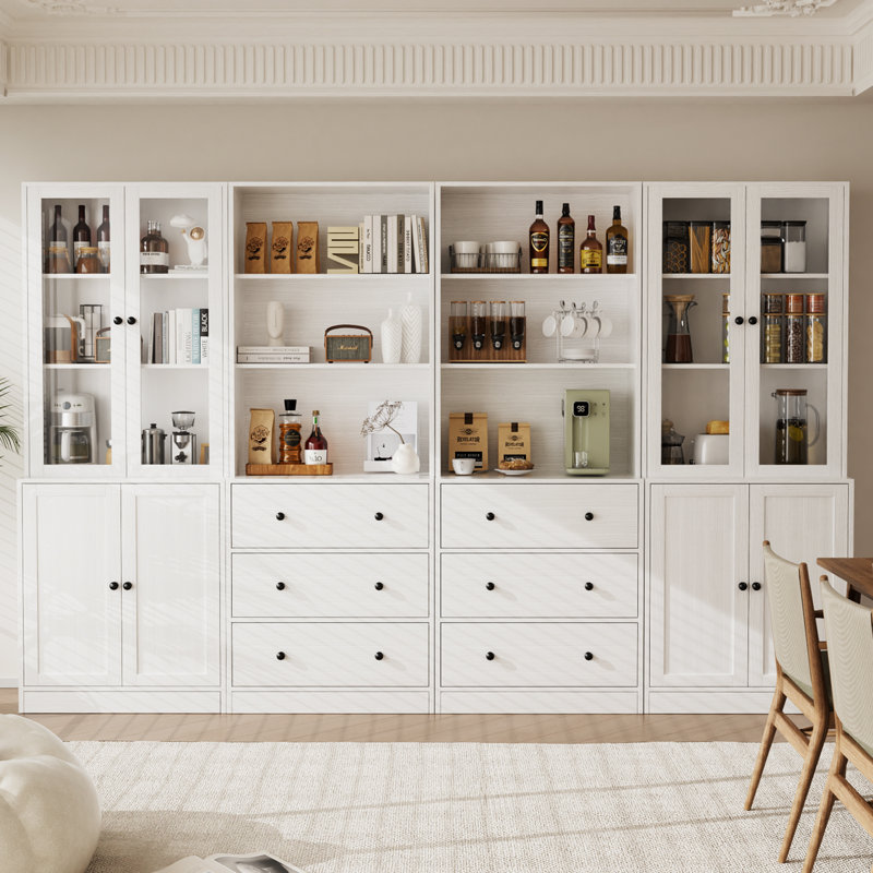 Reshod  94.5"W X 71"H X 15.7"D Kitchen Pantry Storage Cabinet With Soft Close Glass Doors,White, White