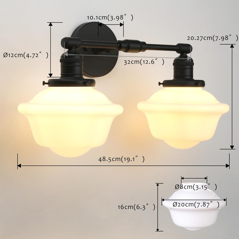 2-Lights Milk White Glass Wall Sconce Lights, Black
