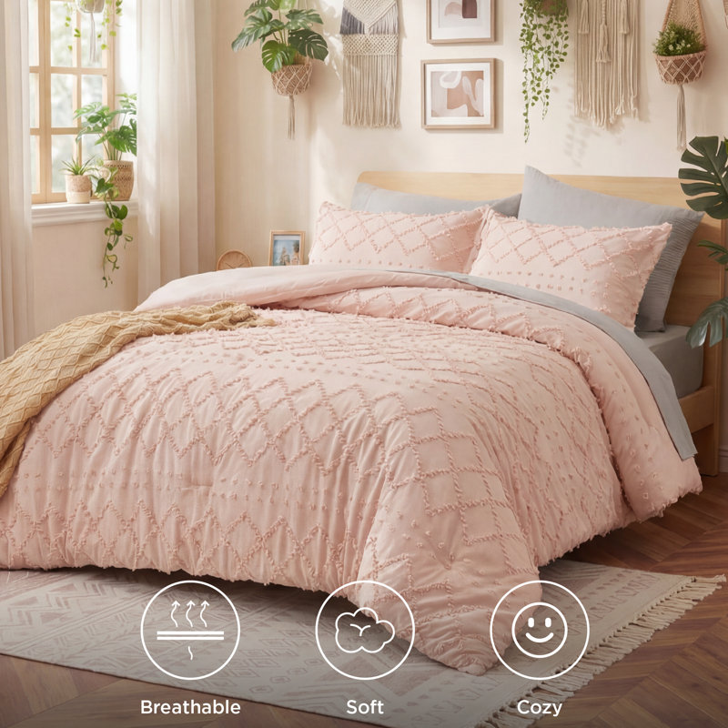 Ensemble d'édredon touffeté toutes saisons (ensemble de 3), Rose corail, Édredon pour lit simple + 1 taie décorative stan