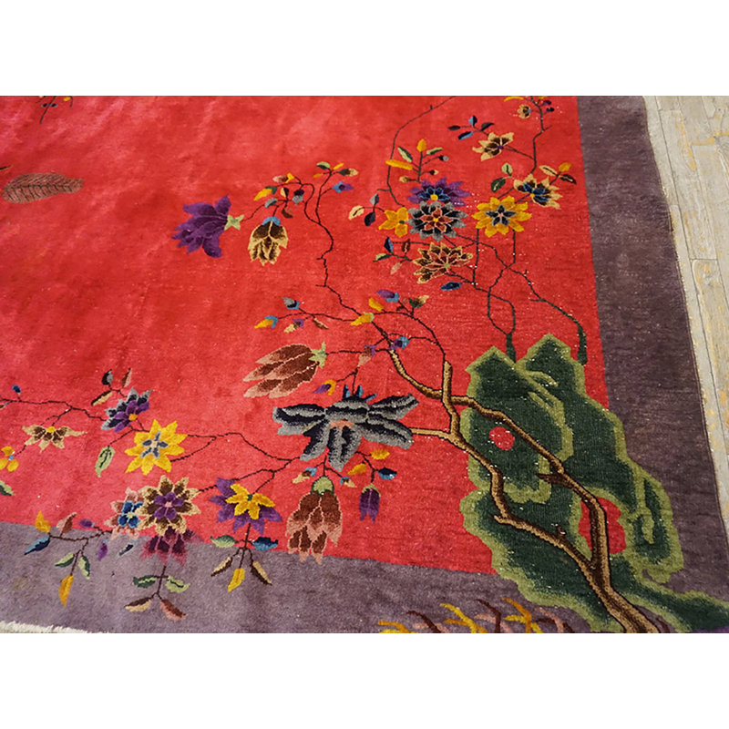 Wool Floral 1920s Antique Rectangle Hand Knotted Pile Purple / Lavender Mauve Rug