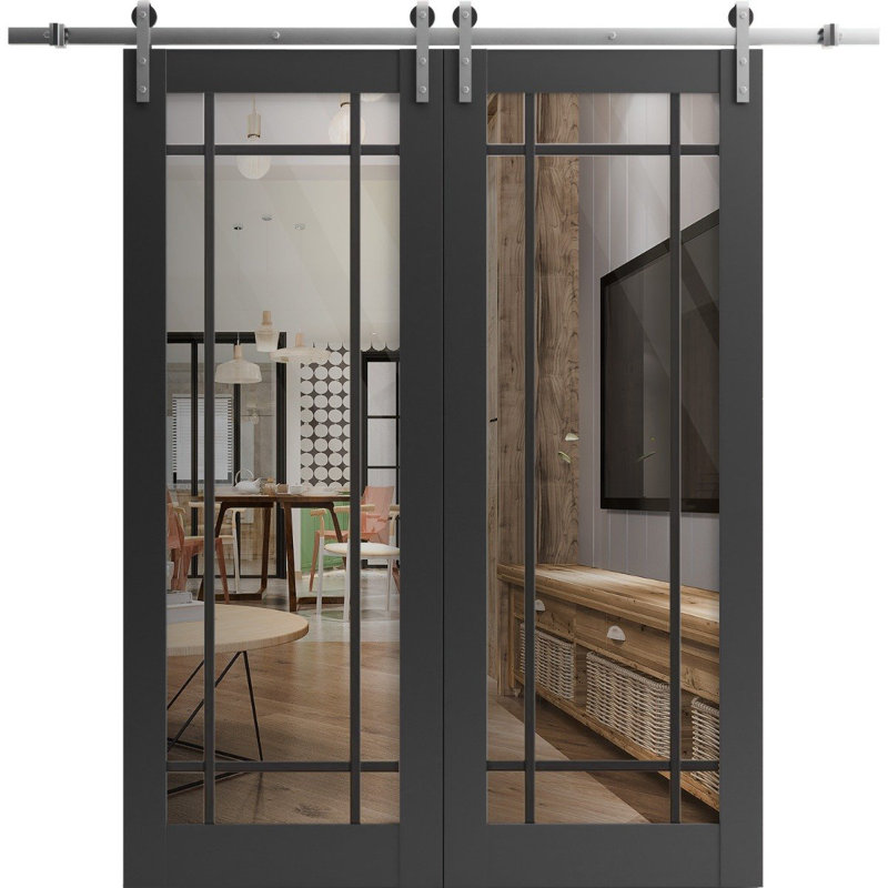 Porte de grange double robuste avec verre transparent | Lucia 2266 | Ensemble lourd de cintres en acier inoxydable 13 pi | Portes intérieures à panneau plein - Rail argenté - Verre transparent