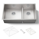 Strive 32" L x 18-5/16" W x 9-5/16" Smart Divide Under-Mount Large/Medium Double-Bowl Kitchen Sink with Basin Rack