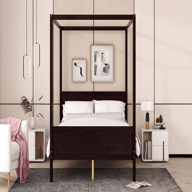 Canopy Platform Bed With Headboard And Footboard,Slat Support Leg, Brown