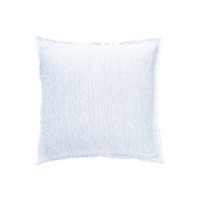 Sky Blue and White Striped Linen Fringe Pillow