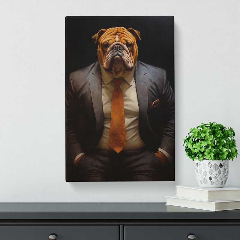 British Bulldog In A Suit Painting - Print, 60cm H x 40cm W x 3cm D