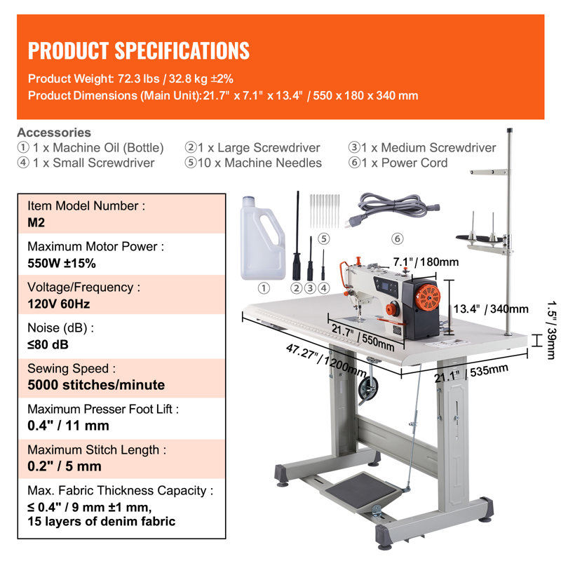 Machine à coudre industrielle, servomoteur de 550 W et support de table, machine à coudre à point noué robuste 5000 points/min, panneau de commande clair et système de démarrage/arrêt intelligent électromécanisé pour une utilisation simplifiée