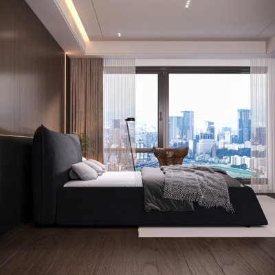 King Size Upholstered Platform Bed with Special Shaped Velvet Headboard, Metal & Solid Wood Frame for Elegant and Comfortable Sleep