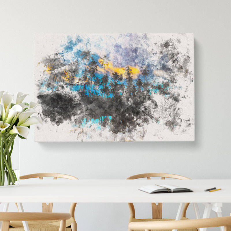 Palm Tree Reflection in the Maldives Watercolour - Wrapped Canvas, 35cm H x 50cm W x 3cm D