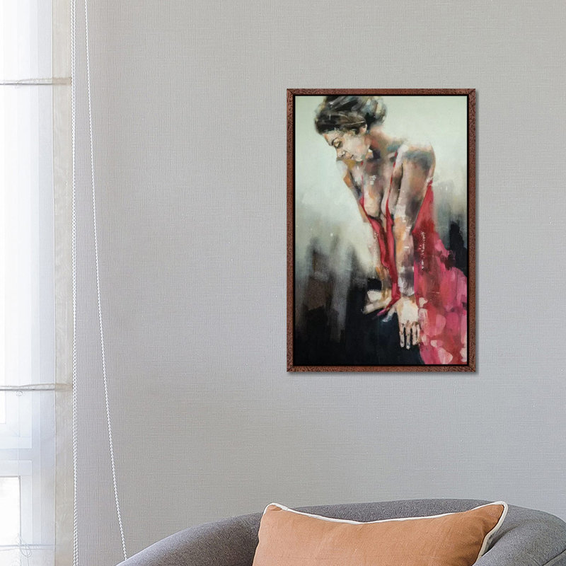 Figure With Red Dress 9-9-19 by Thomas Donaldson - Painting on Canvas, Classic Brown Wood Floater Framed