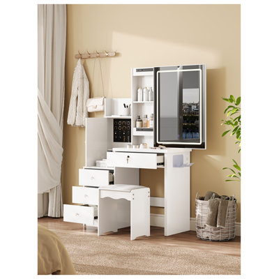 Ensemble de coiffeuse avec miroir lumineux coulissant - Coiffeuse de maquillage blanche avec 4 tiroirs, 9 espaces de rangement et tabouret rembourré - Mobilier de chambre à coucher avec compartiments cachés