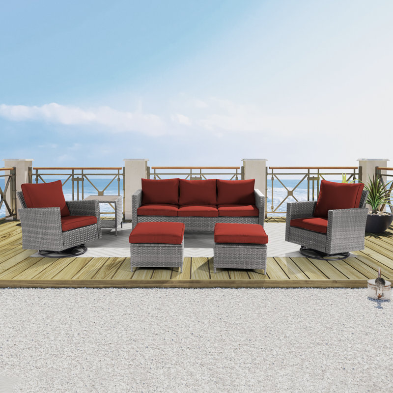 Charlenne 5 - Person Swivel Rocking Chair Outdoor Seating Group with Cushions, Gray, Brick Red