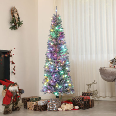 Arbre de Noël illuminé 6 pi avec 6 lumières à DEL bicolores et 429 branches, arbre de Noël artificiel avec support en métal pour fête des Fêtes, vert