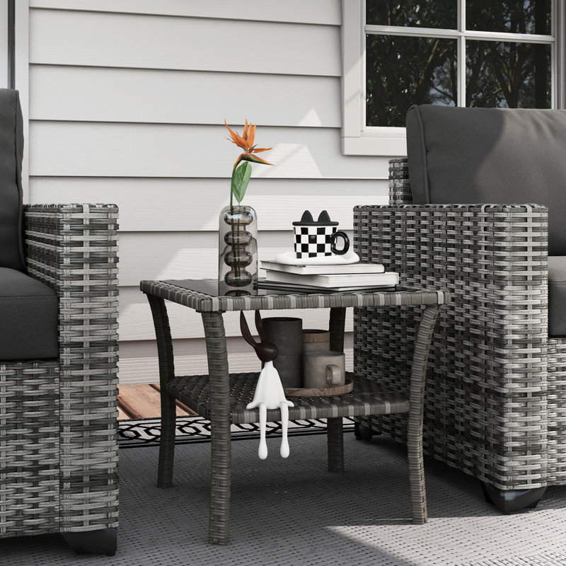 Table basse carrée pour patio, verre trempé, tablette de rangement, PE, gris, table d'extérieur en aluminium avec rangement gris, cadre