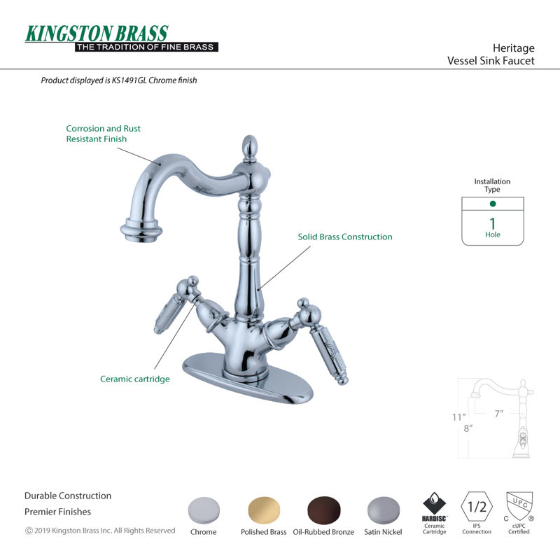 Robinet pour vasque à fixation sur comptoir à deux ou trois trous Kingston Brass Heritage, Chrome poli